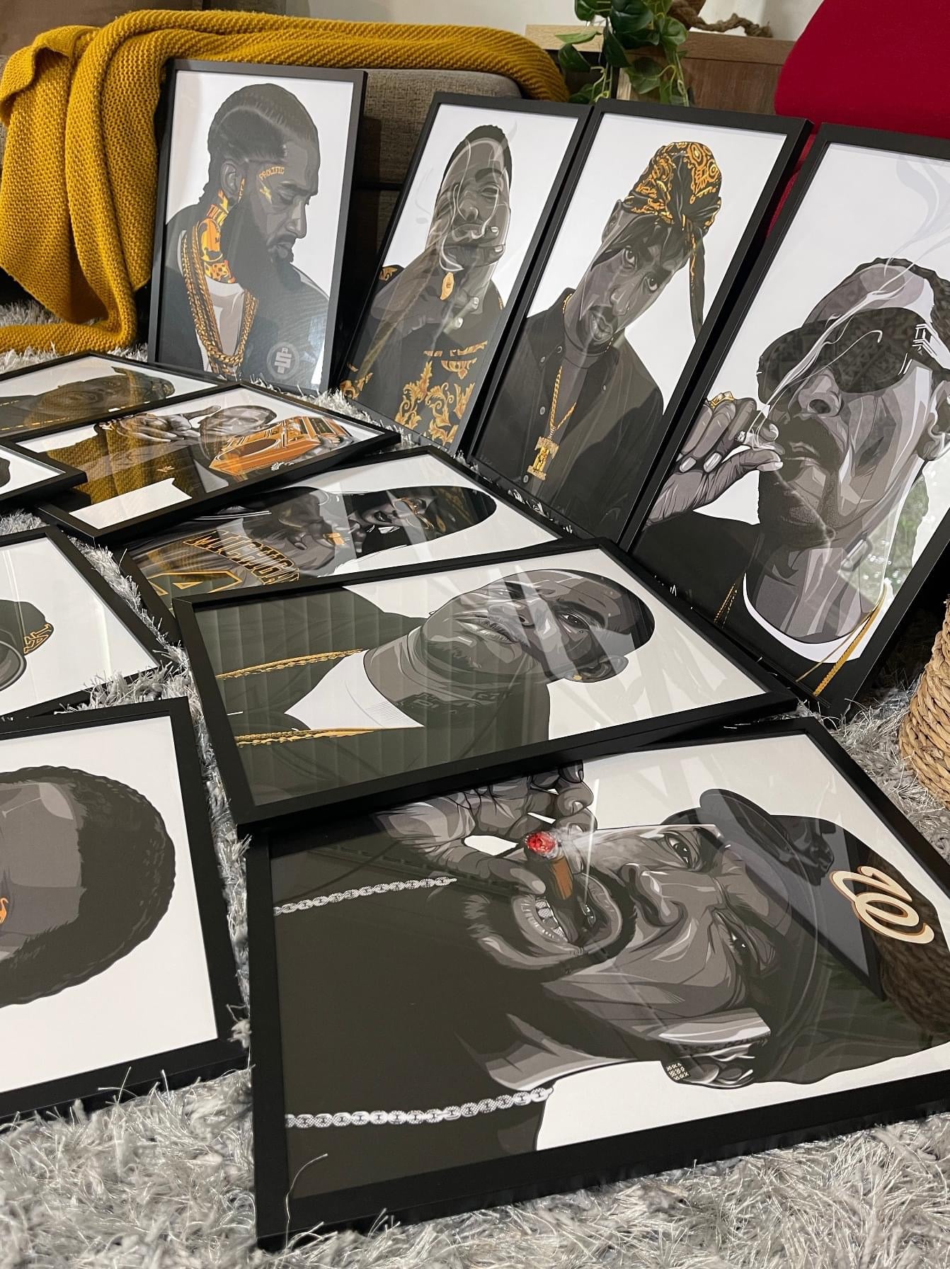 12 x Hip-Hop A3 Framed Digital Art Posters (Black & Gold Edition) - Poster Prints NZ