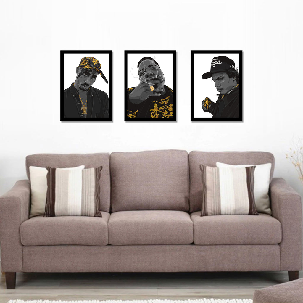 3 x Hip-Hop A3 Framed Art Posters (Black & Gold Edition) - Poster Prints NZ